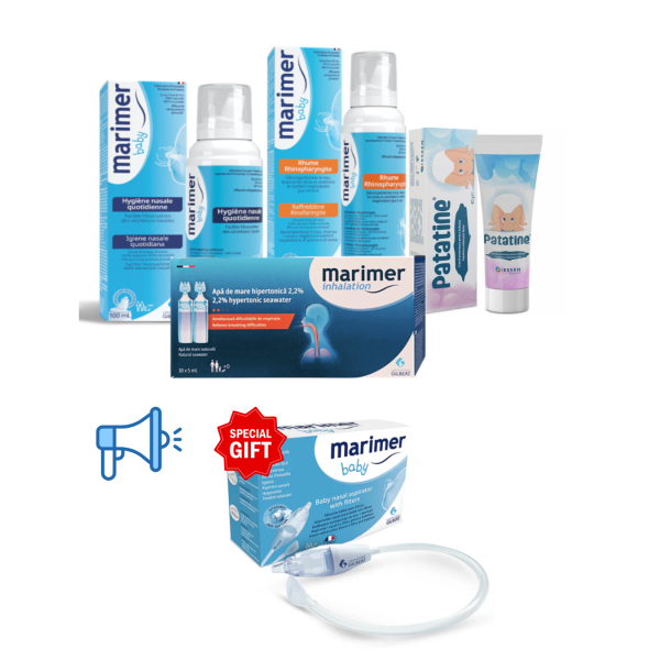 Marimer Baby Izotonic 0,9%, 100 ml+Marimer Baby Hipertonic 2,2%+Marimer inhalatii+Patatine 40 ml +Aspirator Marimer 